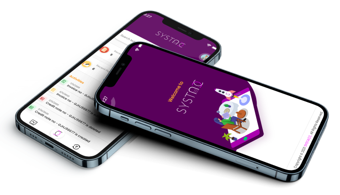 SYSTACC Android app showing the activity feed of invoices and credit notes